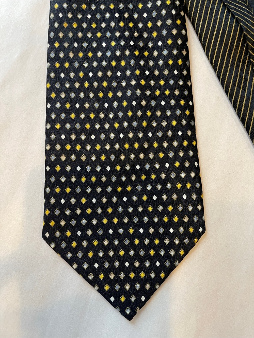 Vitaliano Pancaldi Black Patterned Silk Tie with Yellow & Silver Diamond Accents